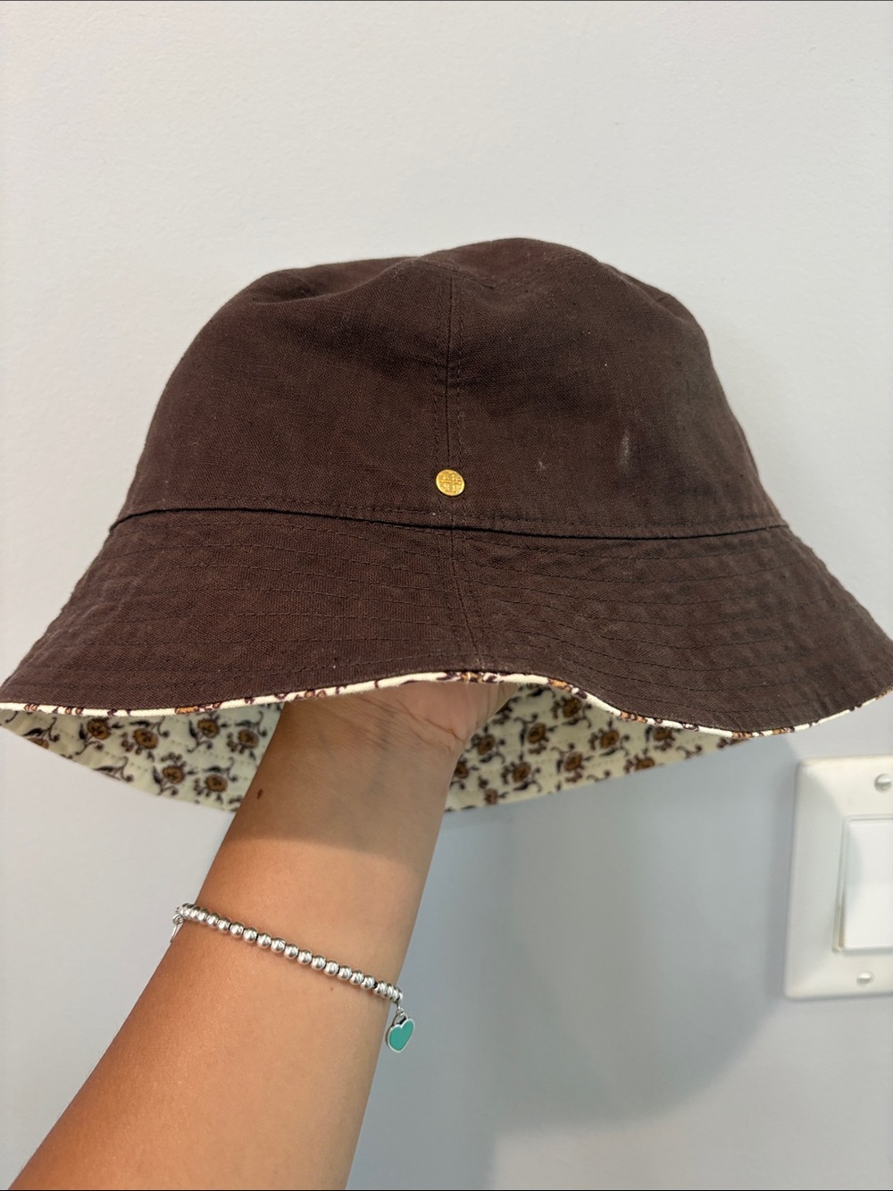 Tory Burch Reversible Brown Bucket Hat with Floral Lining